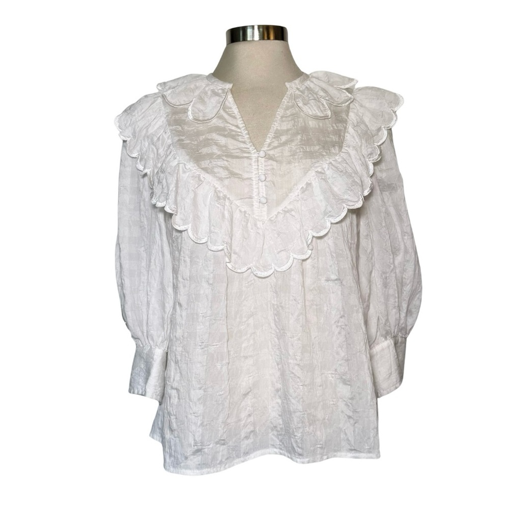 Crosby by Mollie Burch Scalloped Blouse 3/4 Sleeve Lightweight White XS
